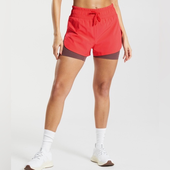 GYMSHARK Women’s XS Running 2-in-1 Shorts Fluo Bold Pink/Magenta Brown- NWT - Picture 5 of 9